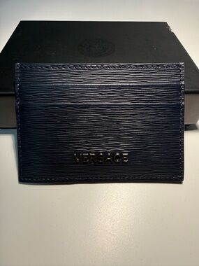 Versace Men's Dark Blue Textured Leather Card Holder with Gold Logo